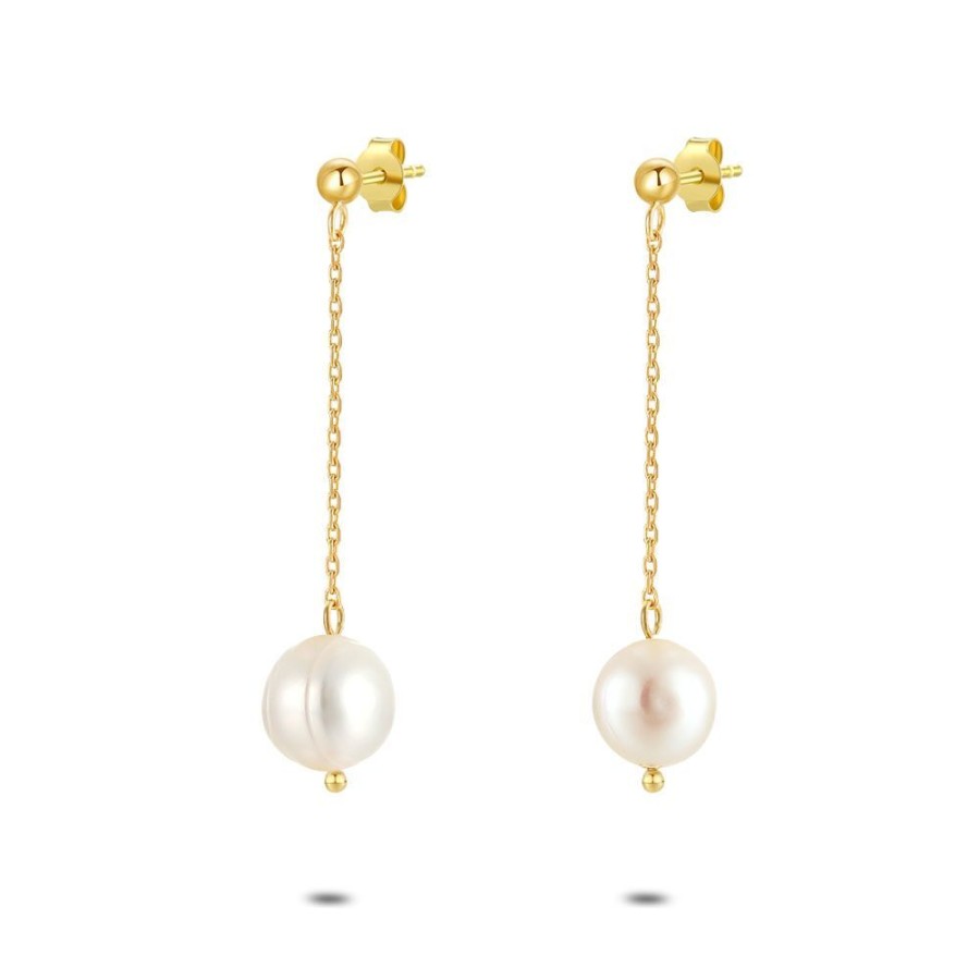 Women Twice As Nice | Gold Coloured Stainless Steel Earrings, Pearl On Chain