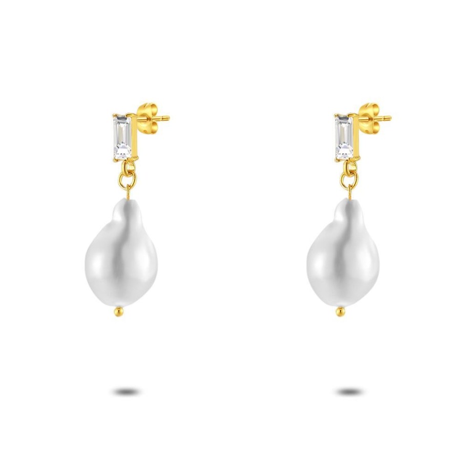 Women Twice As Nice | Gold Coloured Stainless Steel Earrings, Pearl Drop, Rectangular White Crystal