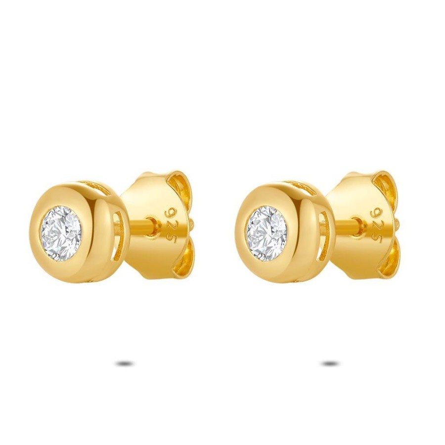 Women Twice As Nice | 18Ct Gold Plated Silver Earrings, Gold-Coloured, Zirconia With Edge 5Mm