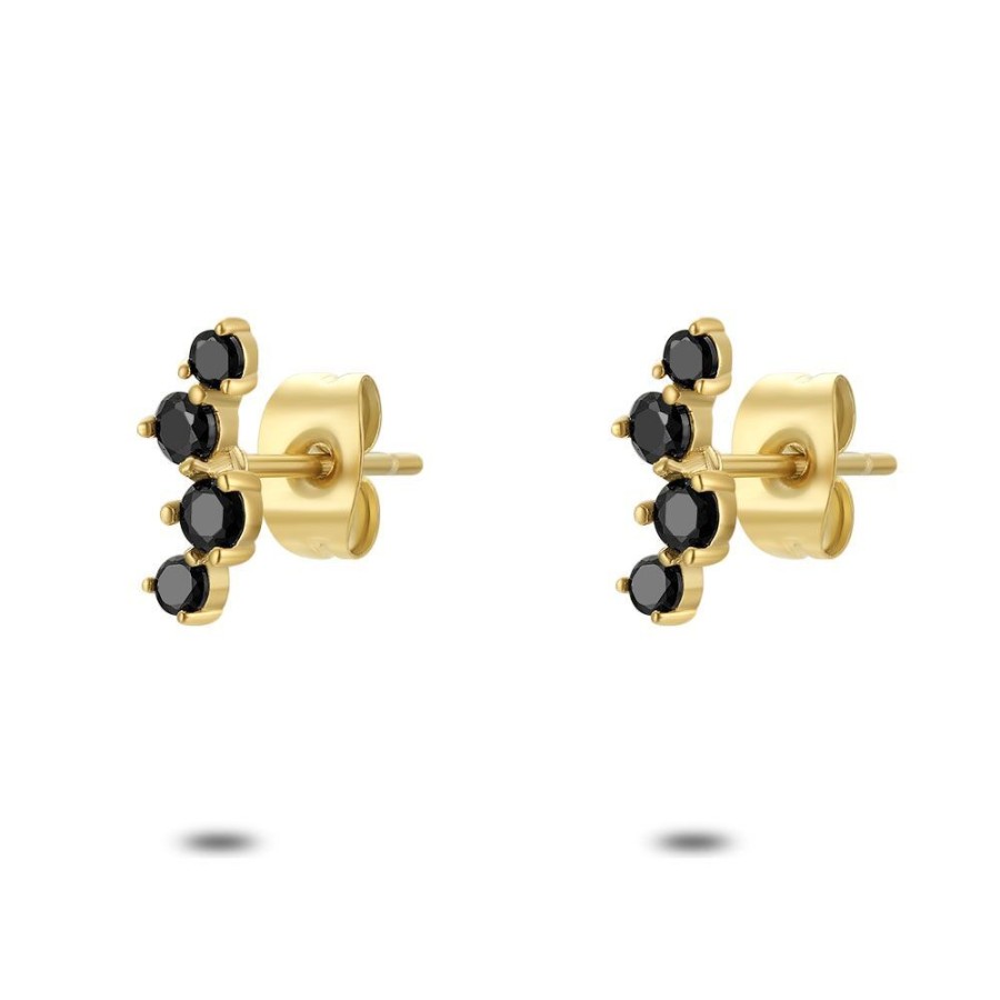 Women Twice As Nice | Earrings In Gold-Tone Stainless Steel, 4 Black Zirconia, Zigzag