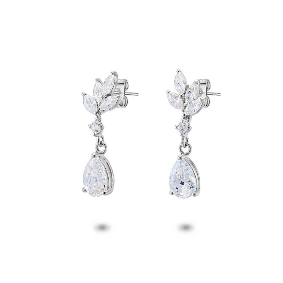 Women Twice As Nice | Silver Earrings, Leaves And Droplet Shape, Zirconia