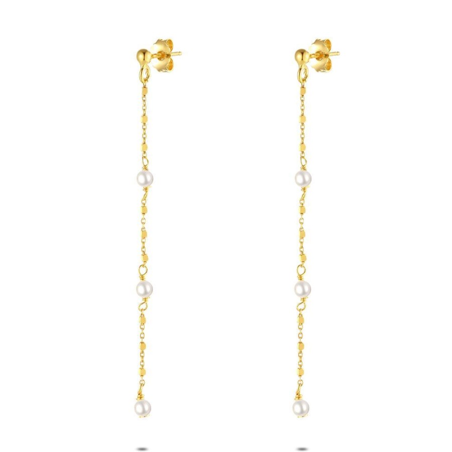 Women Twice As Nice | 18Ct Gold Plated Silver Earrings, 3 White Pearls