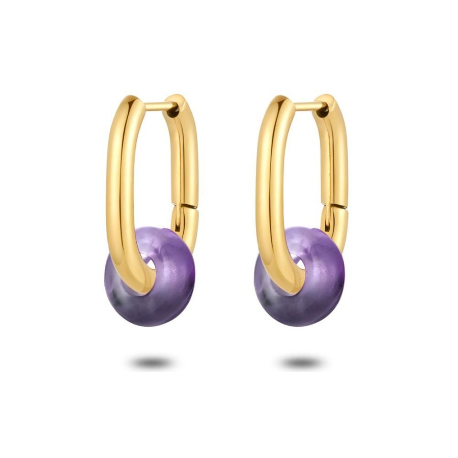 Women Twice As Nice | Gold Coloured Stainless Steel Earrings, Oval Hoops, Amethyst Stone