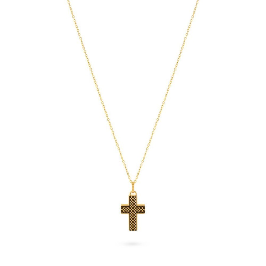 Women Twice As Nice | Gold Coloured Stainless Steel Necklace, Cross With Checked Detail